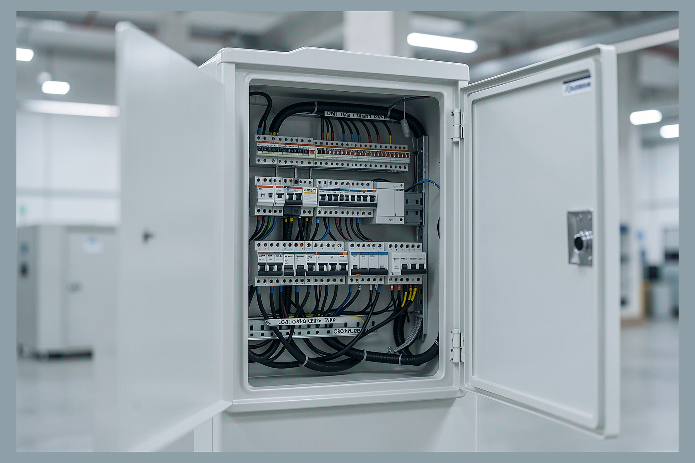 Open industrial control panel enclosure showing neatly organized terminal blocks, breakers, and routed wire harnesses