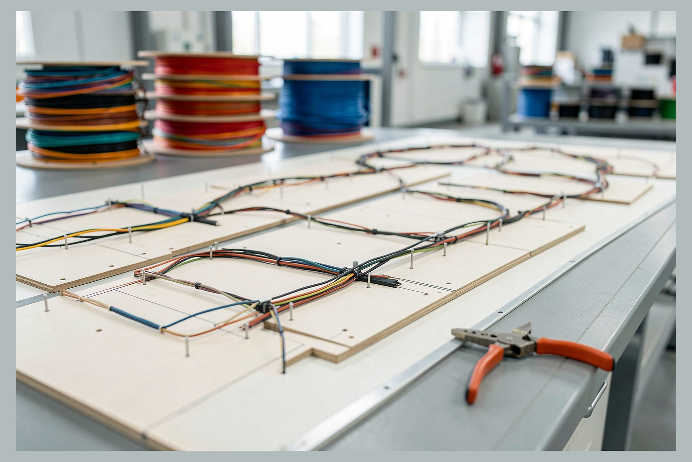 Wire harness assembly production bench with harnesses laid out on formboards and wire spools in the background