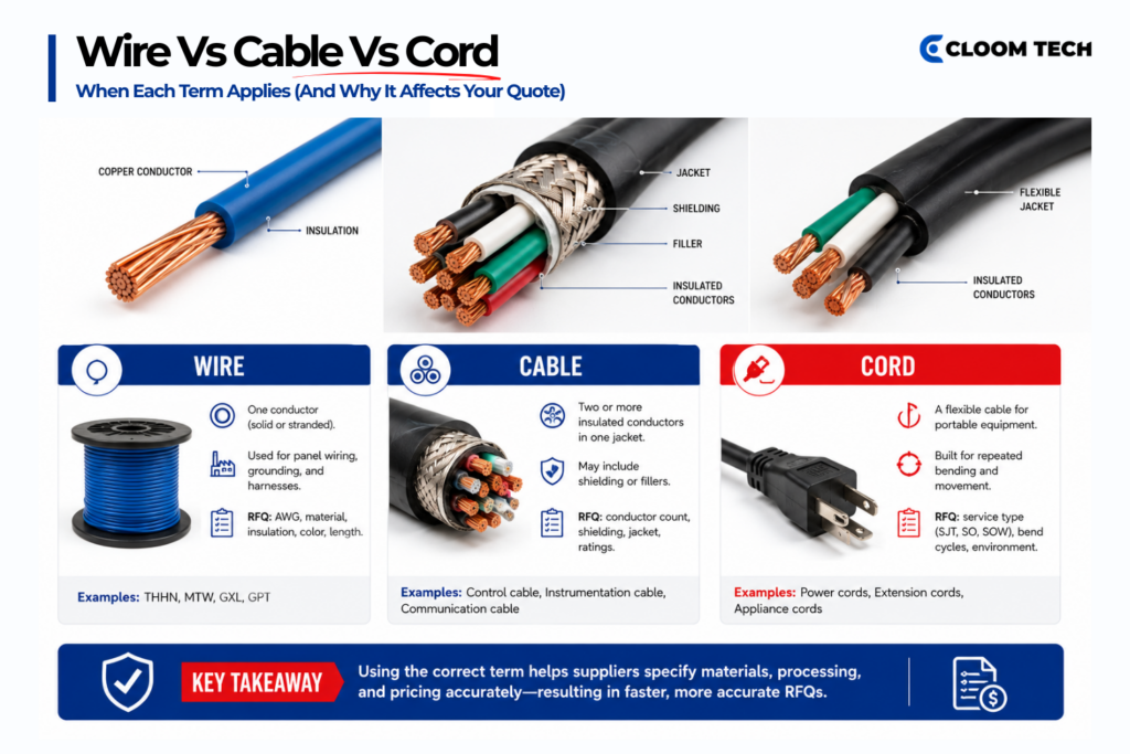 wire vs cable vs cord when each term applies and why it affects your quote